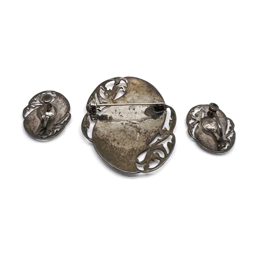 Vintage Siam Silver and Blue Enamel Brooch Earring Set Thai God and Goddess - Picture 8 of 13
